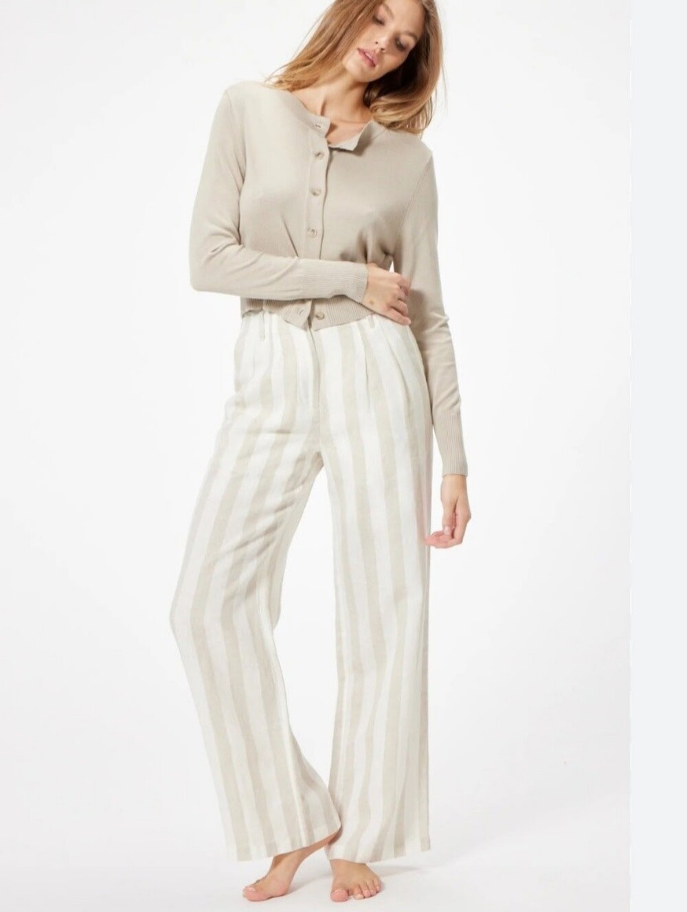 Sophie Rue Frankie 100% Linen Striped Linen Wide-Leg Pants Beige & Ivory XS/S
